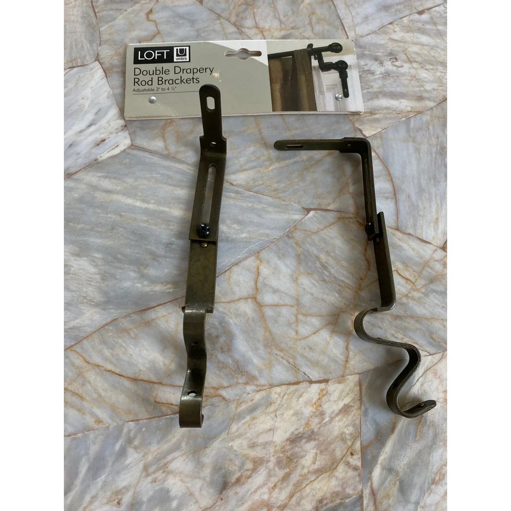 Umbra Loft Double Drapery Rod Brackets Aged Brass Adjustable 3 to 4.5 Inch Set 2